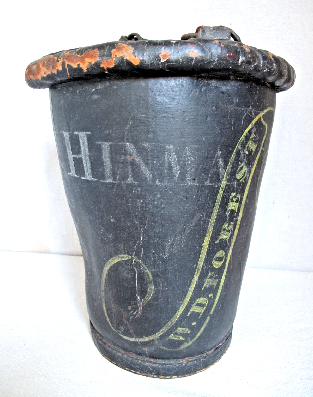 Antique American  Firemen's Painted Leather Bucket, N. D. Forest & Co. c. 1850's