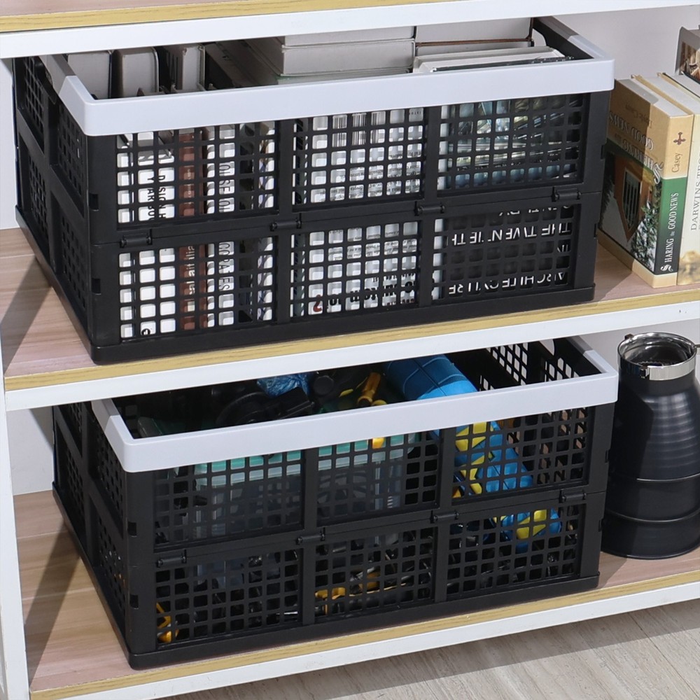 Knifefish Set of 4 Large Folding Stackable Storage Crate, 66 L, Black