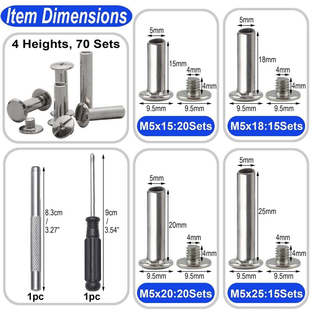 70Sets Chicago Screws Leather Rivets Assorted Screw Rivets Chicago Binding Sc...
