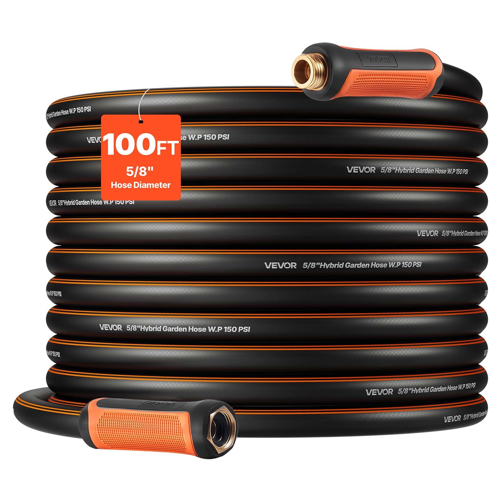 VEVOR Garden Hose 100ft 5/8" Rubber Water Hose 3/4"Fitting Heavy Duty & Non-kink