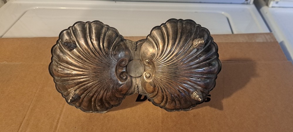 Vintage Crown Silver Plated Double Shell Candy Dish Bakelite Handle Marked