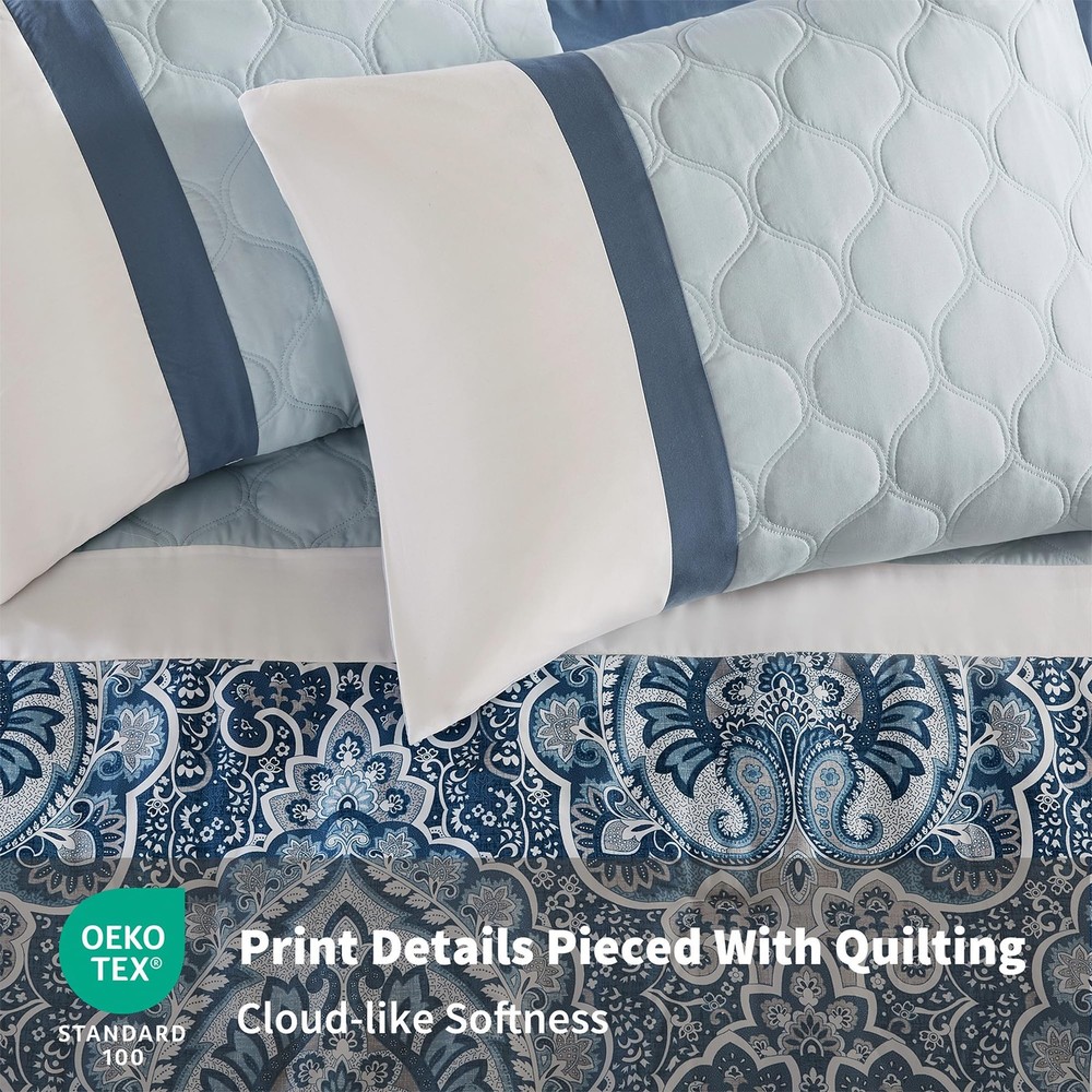 Blue Damask Comforter Set 8 Piece Microfiber Quilted Bedding Set with Shams