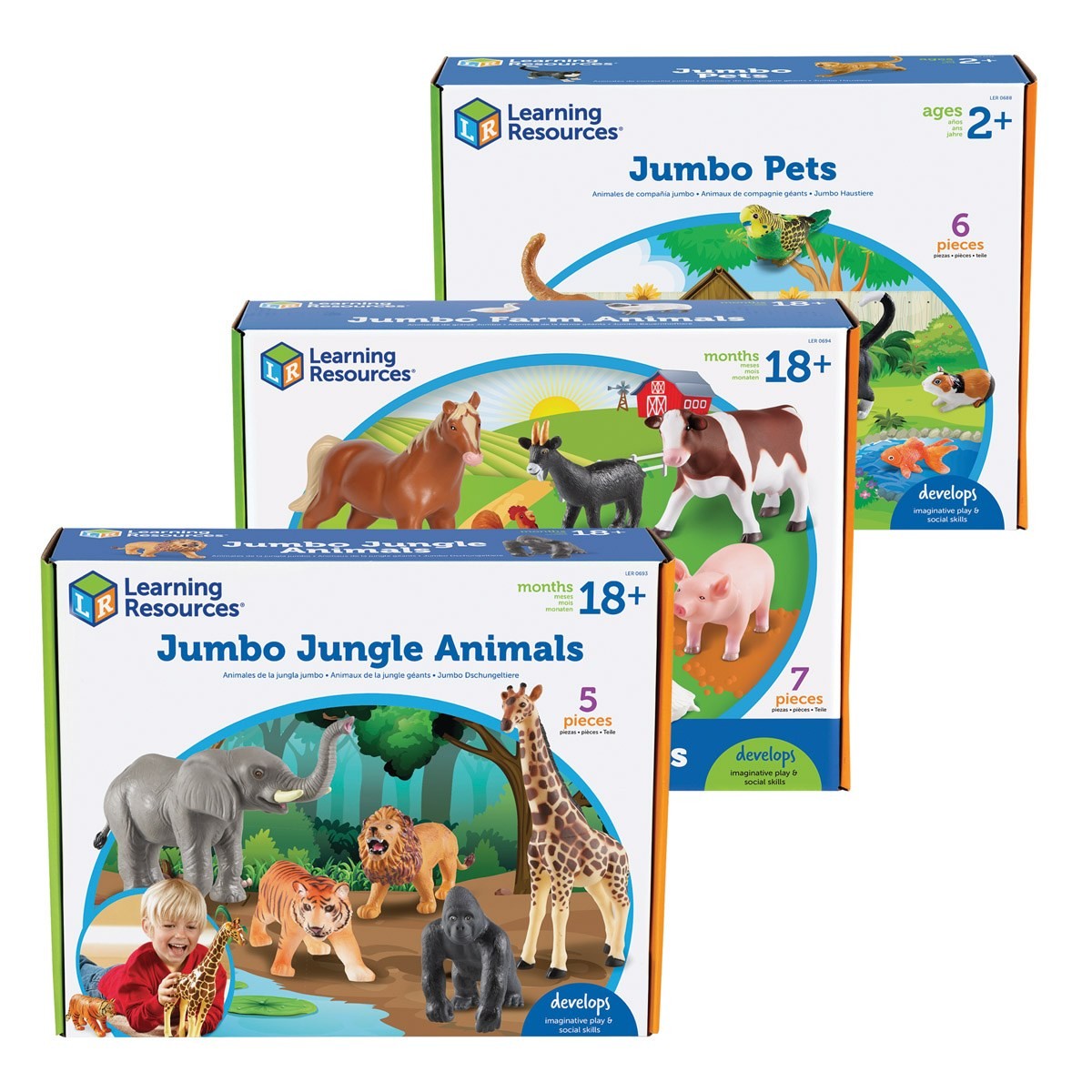 Kaplan Early Learning Company Jumbo Animals Set of 18 - Farm, Jungle, & Pets
