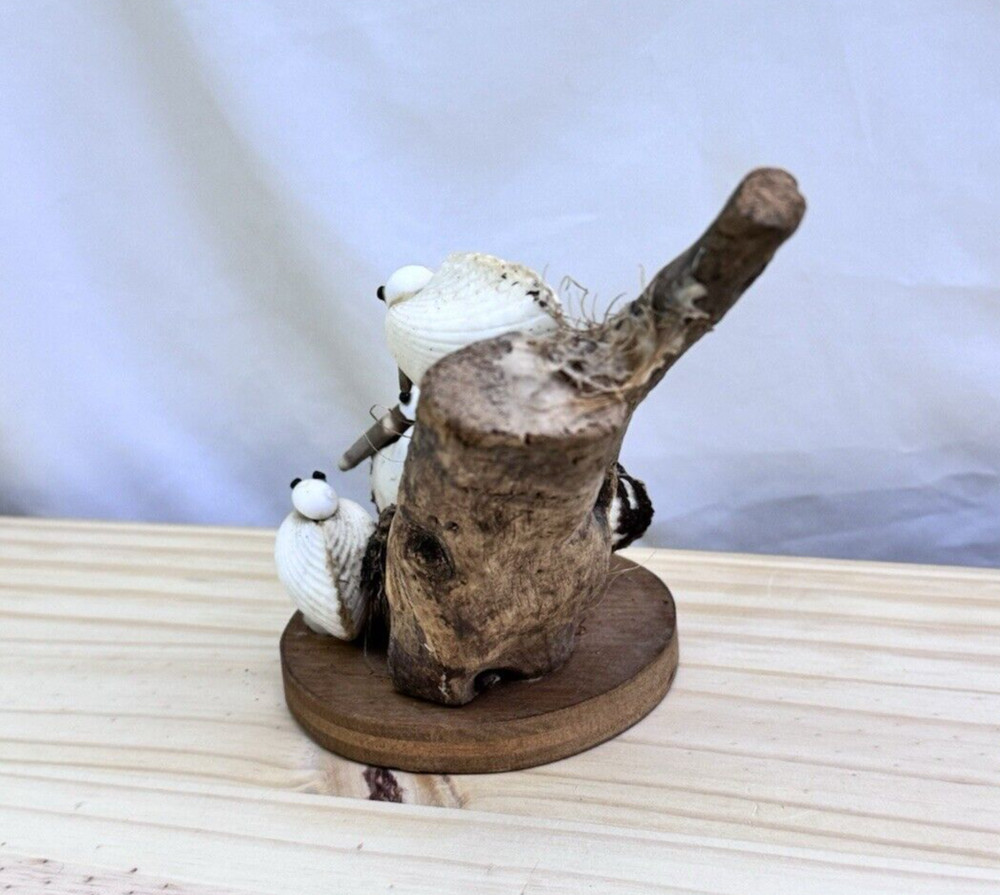 Handmade Seashell Seagulls Sitting on Driftwood