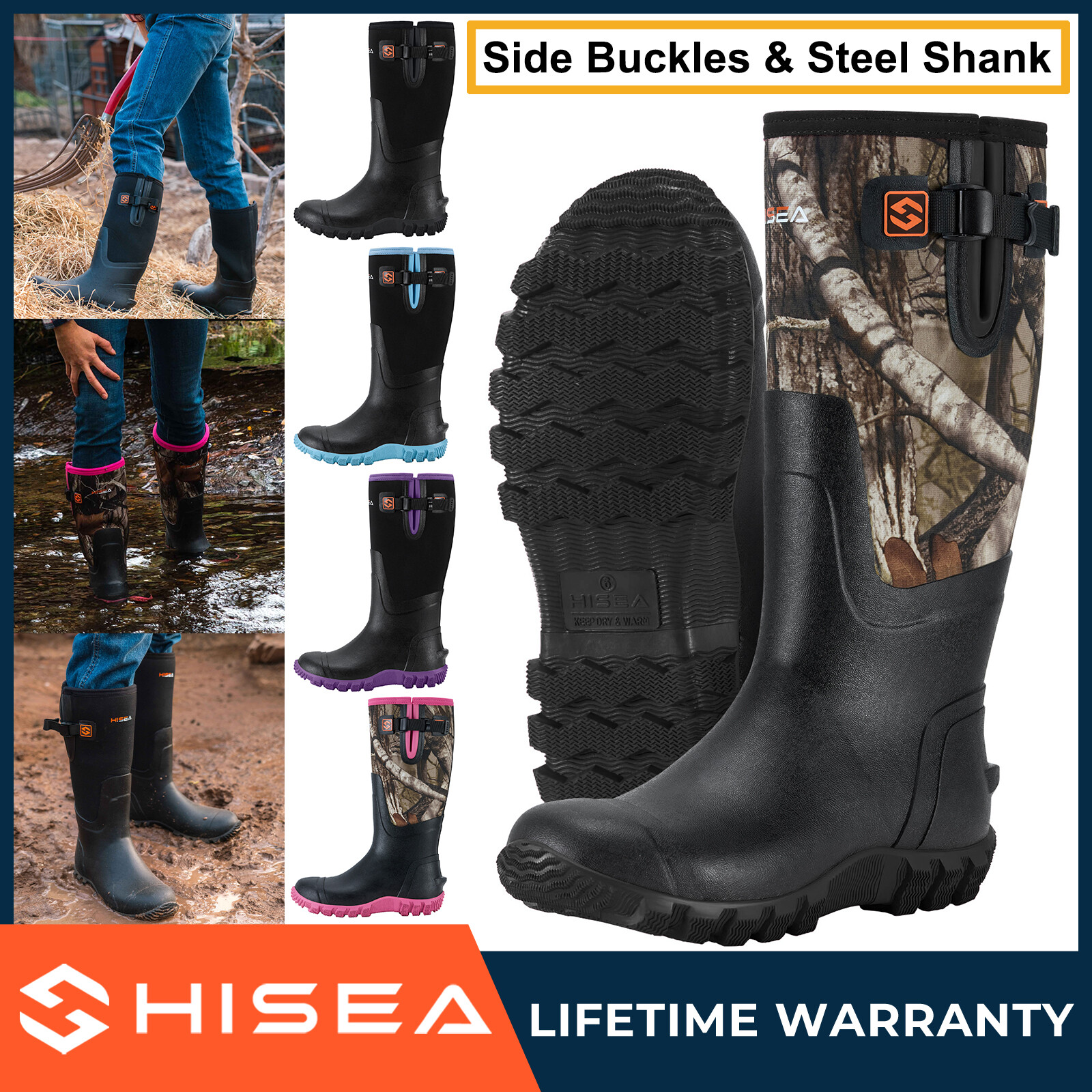 HISEA Women Rain Boots Side Buckles & Steel Shank Snow Hunting Chores Work Boots