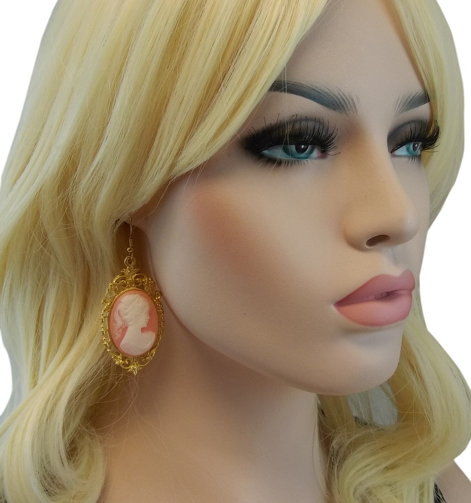 Huge Oversized Cameo Fish Hook Pierced Earrings 2"