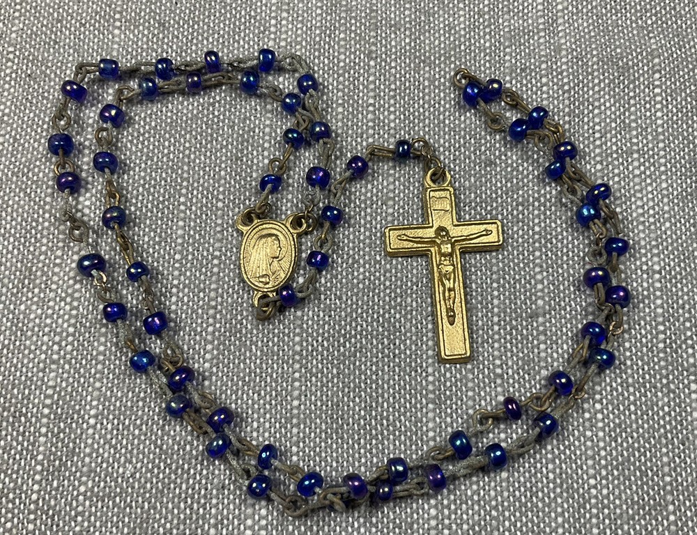 Vintage Rosary Brass And Tiny Blue Beads Christian H73