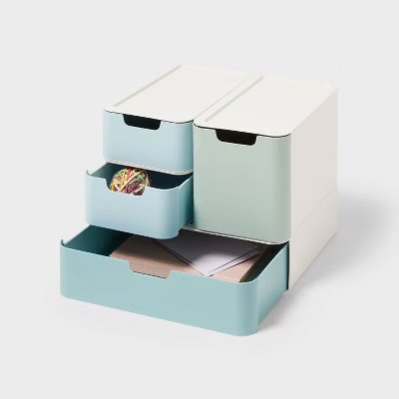 Modular Storage Drawer Set Blue Cutout handles on the front