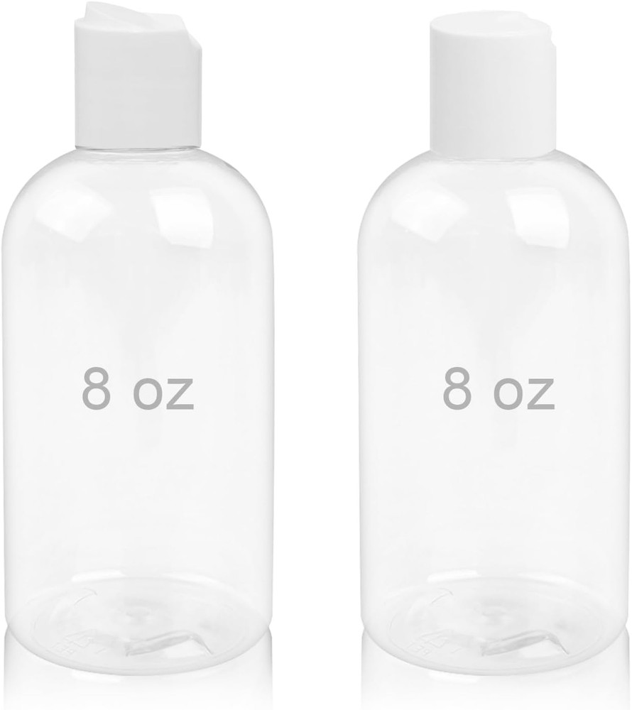2 Pack 8 oz Plastic Bottles with white Disc Caps Clear Empty Reusable Leak-Proof