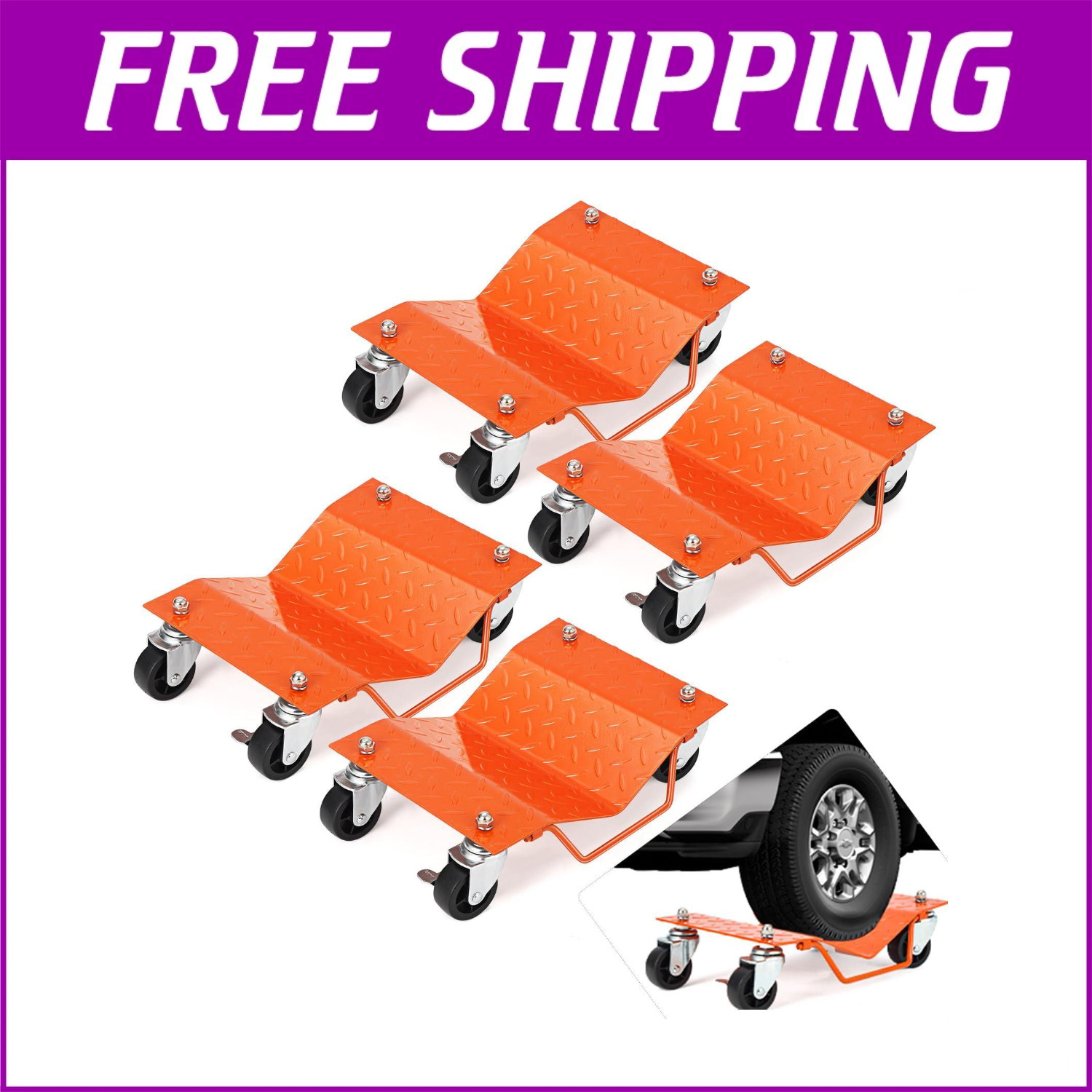 4 PC Heavy-Duty Car Wheel Dolly Set Dual-Lock Brakes & Casters Auto Repair Mover