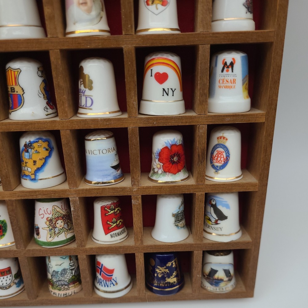 Vintage Thimble Display Case with 100 Mixed Various Thimbles Good Condition