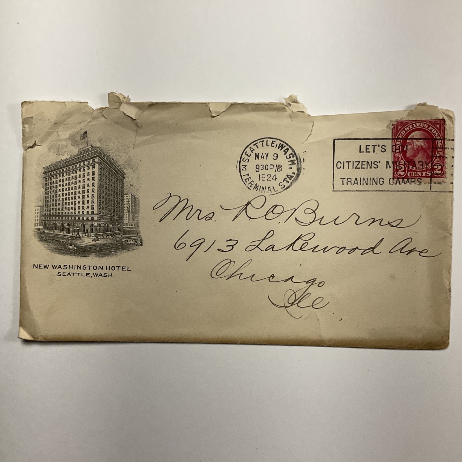 1924 Seattle, Washington New Washington Hotel Illustrated Envelope