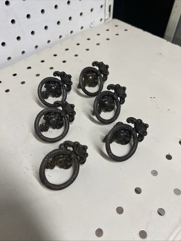 Set of 6 Antique Solid Brass Ring Drawer Pulls – 1.5" Wide, 2" Drop