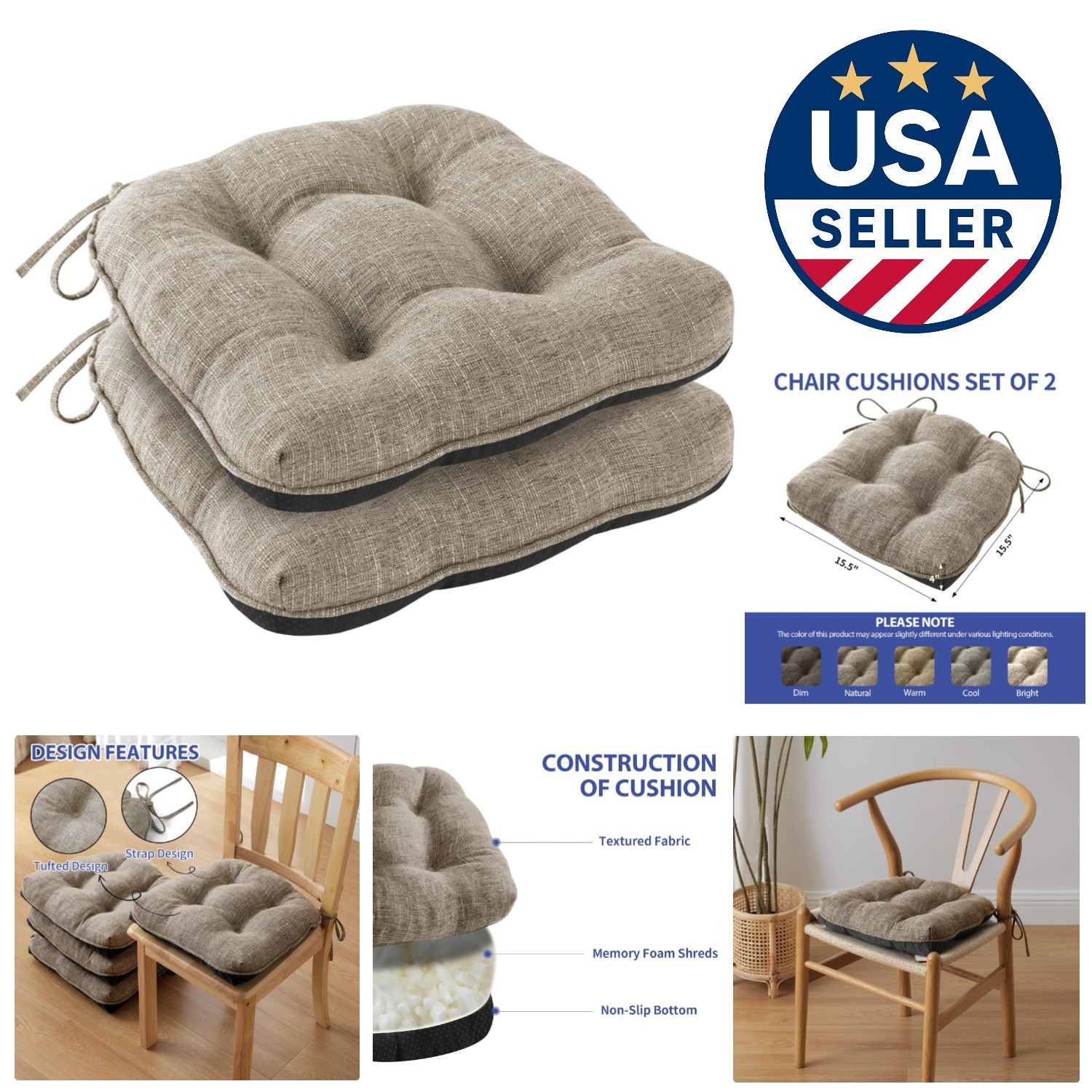 2-Pack Khaki Dining Chair Cushions - Ergonomic, Washable & Non-Slip Backing