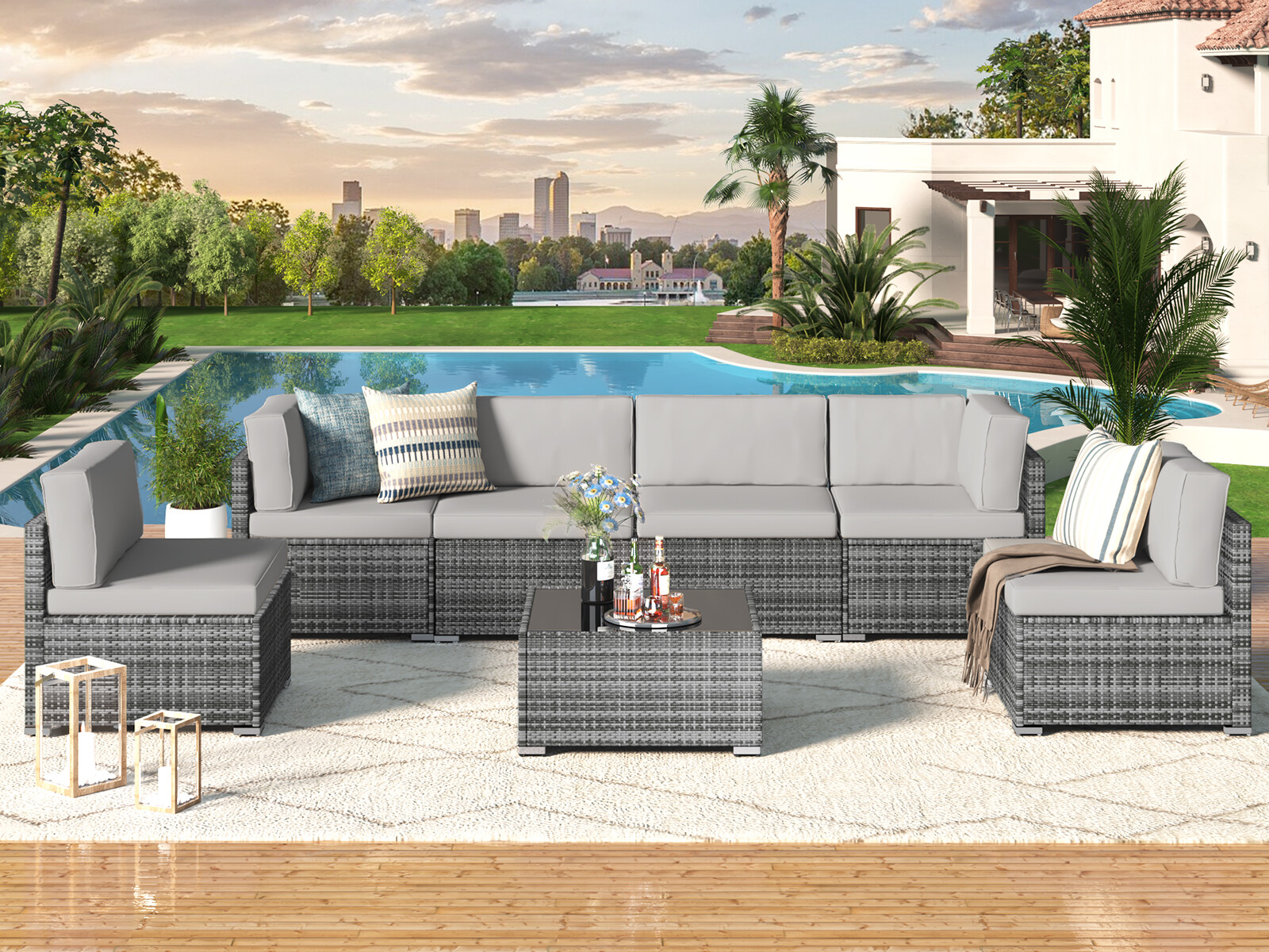 7-Pieces Patio Furniture Set Outdoor Sectional Sofa Rattan Wicker Sofa W/ Table
