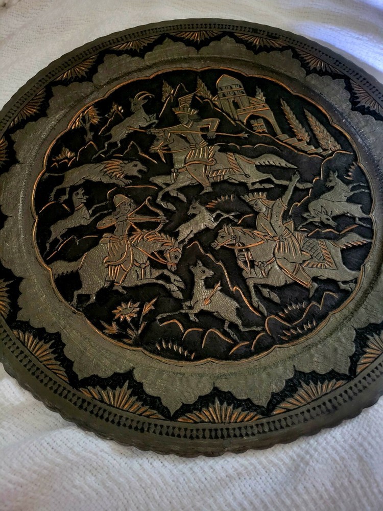 Vintage Beautiful Copper Silver Middle Eastern Tray, Display, Or Table Top