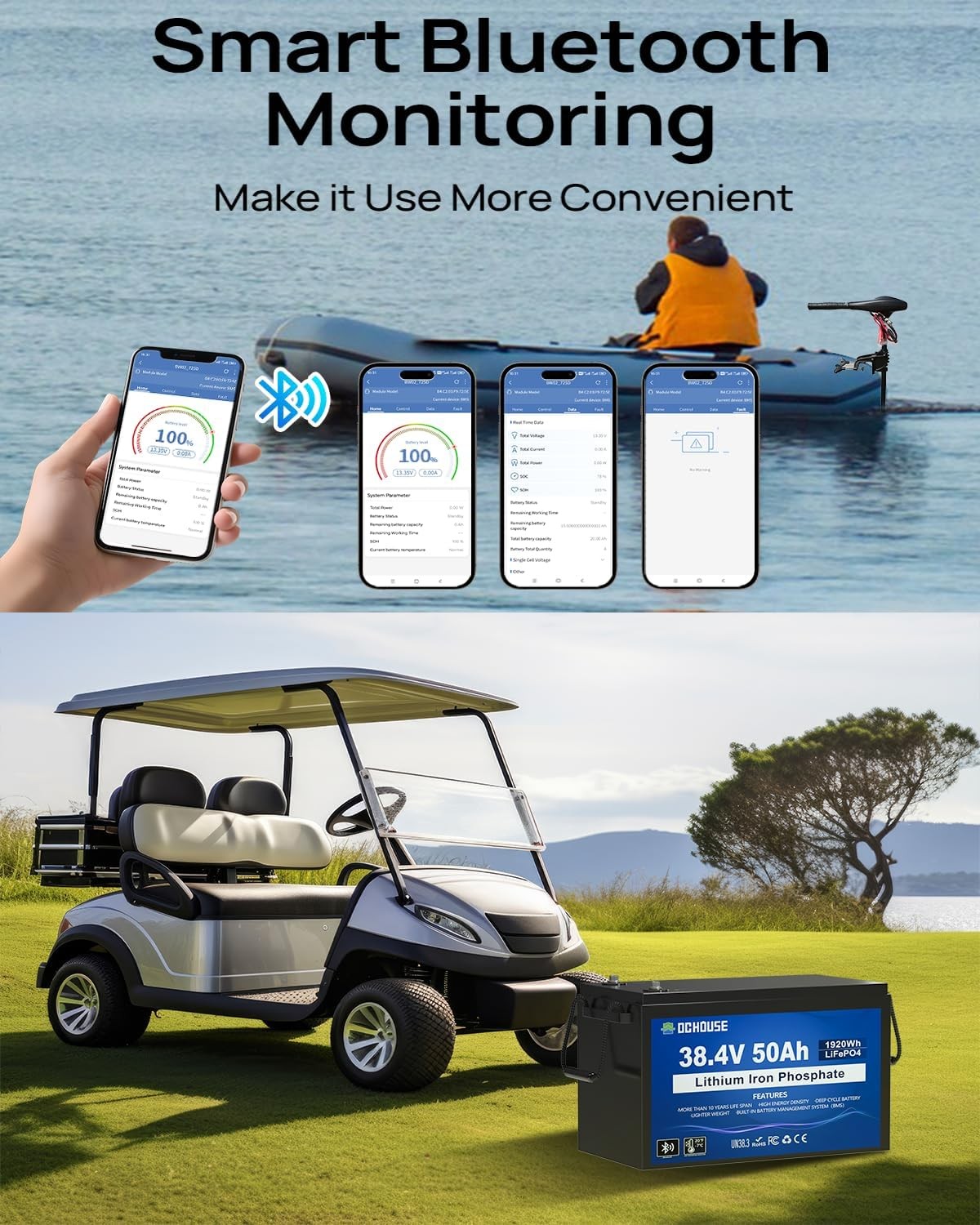 36V 50AH Lithium Golf Carts Lifepo4 Battery with 36V 25A Charger Bluetooth RVs