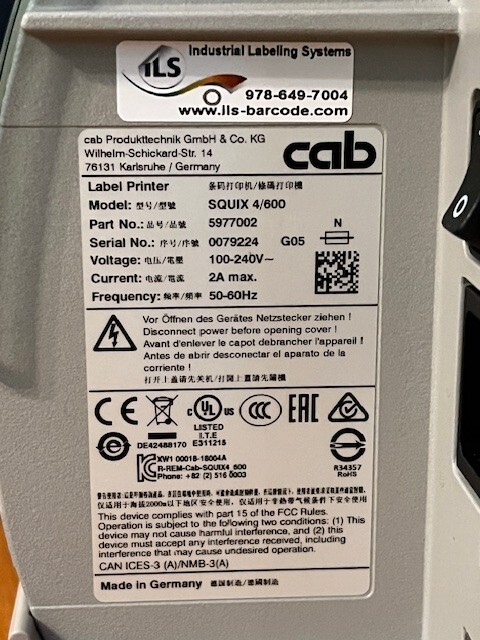 Cab SQUIX 4/600 Thermal Transfer Label Printer with USB Serial Ethernet
