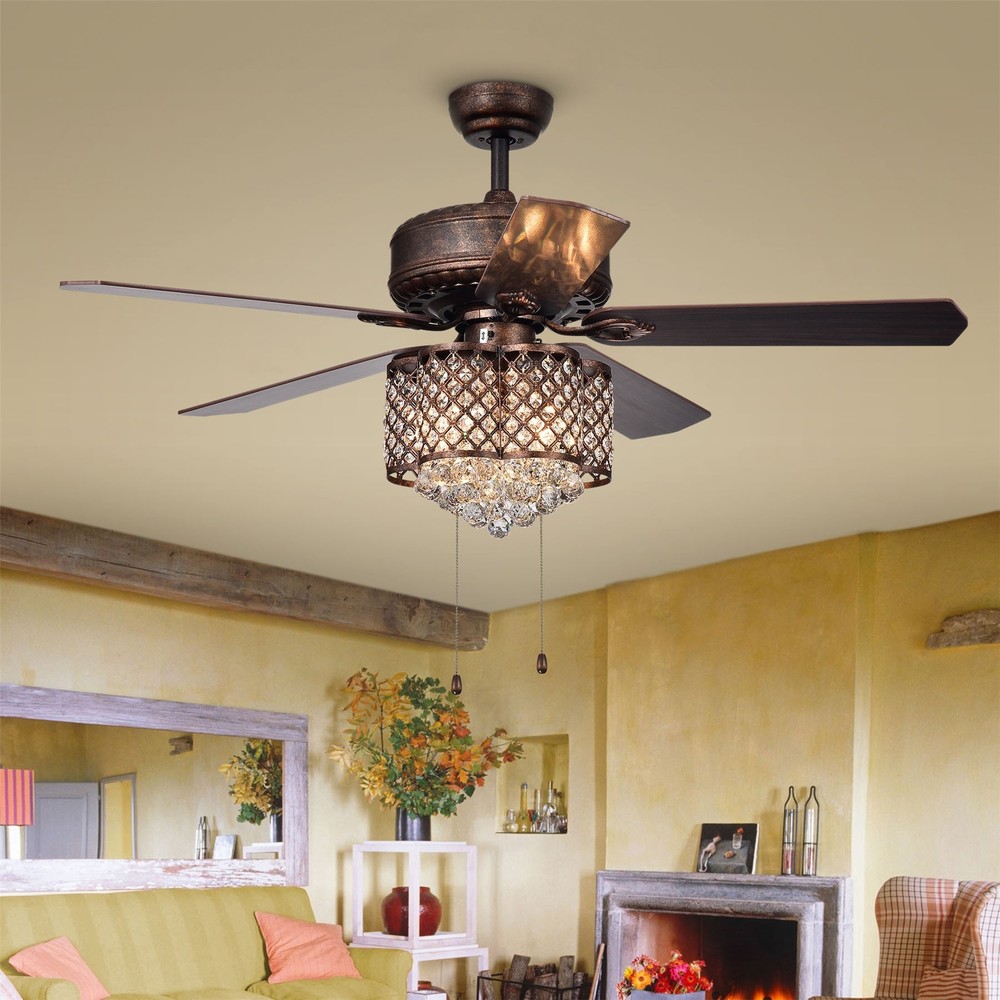 Proshta 3-light Crystal 5-blade Rustic Bronze Ceiling Fan Pull Chain