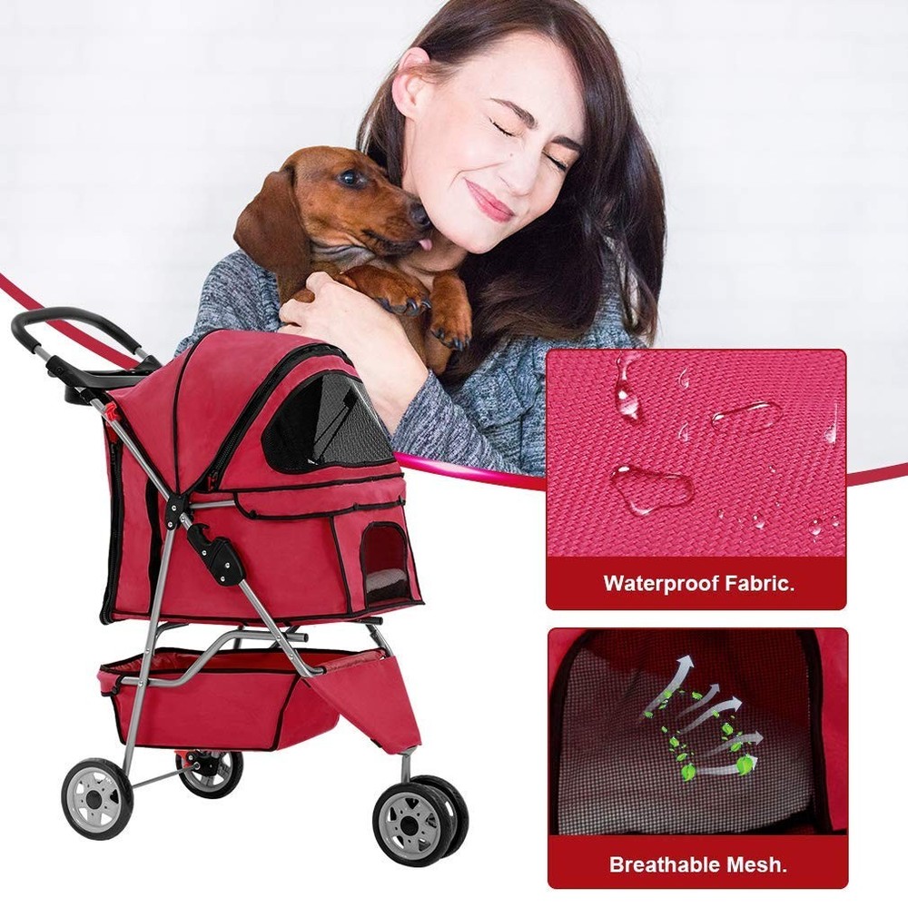 3 Wheel Pet Stroller Foldable Waterproof Carrier Red
