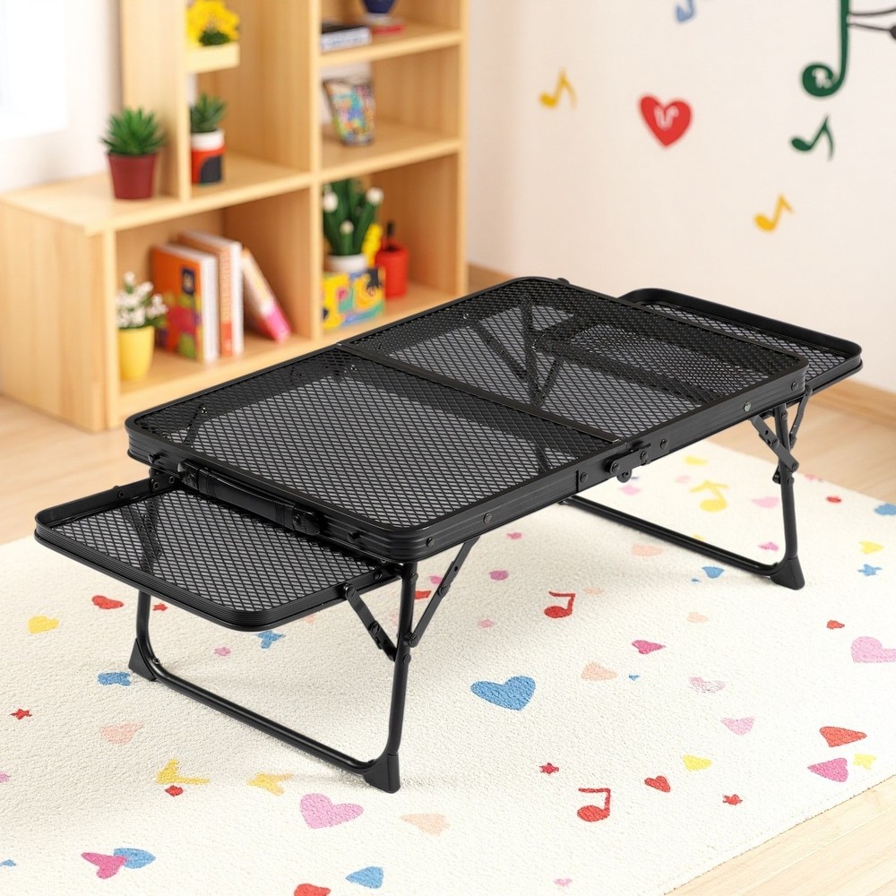 3ft Folding Camping Wire Mesh Table - Side Wings Adjustable Aluminum Frame Black