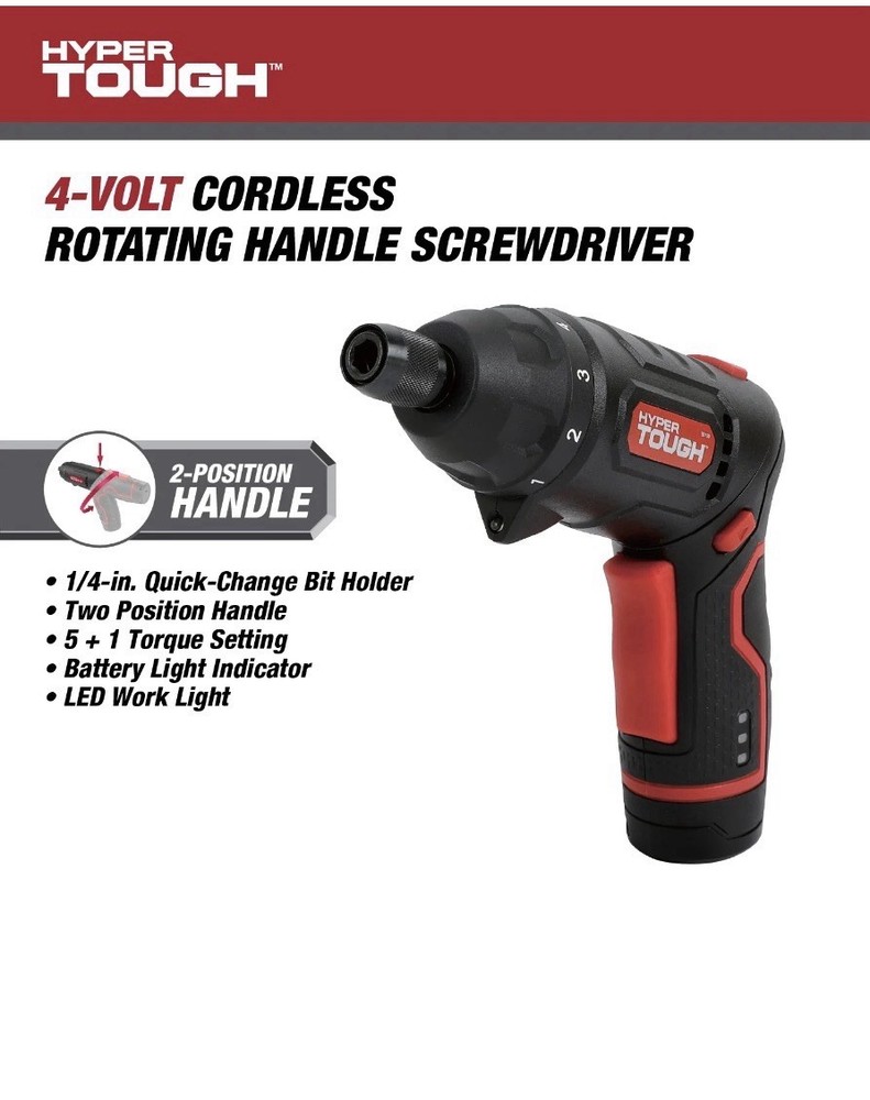HYPER TOUGH 4V Rotating Head Cordless Screwdriver 2-Position Handle 6062