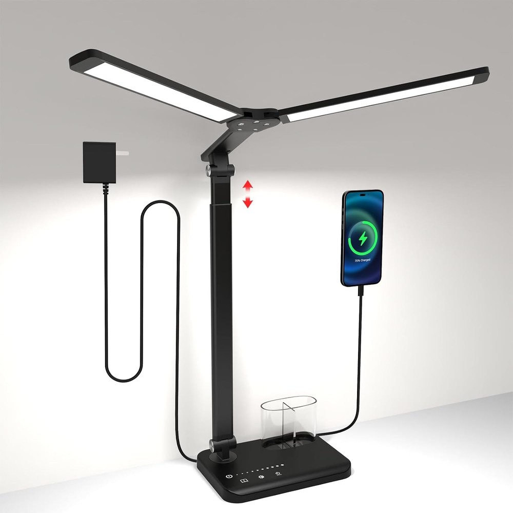 LED Desk Lamp with Dual Heads, Height Adjustable for Reading, Work, Study