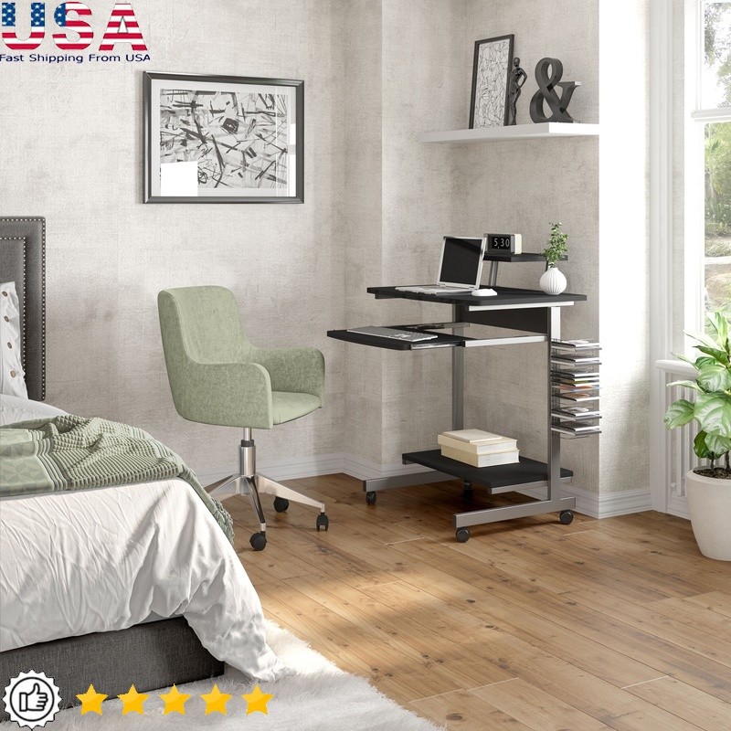 Compact Computer Cart Rolling Workstation Adjustable Shelf Keyboard Tray Storage