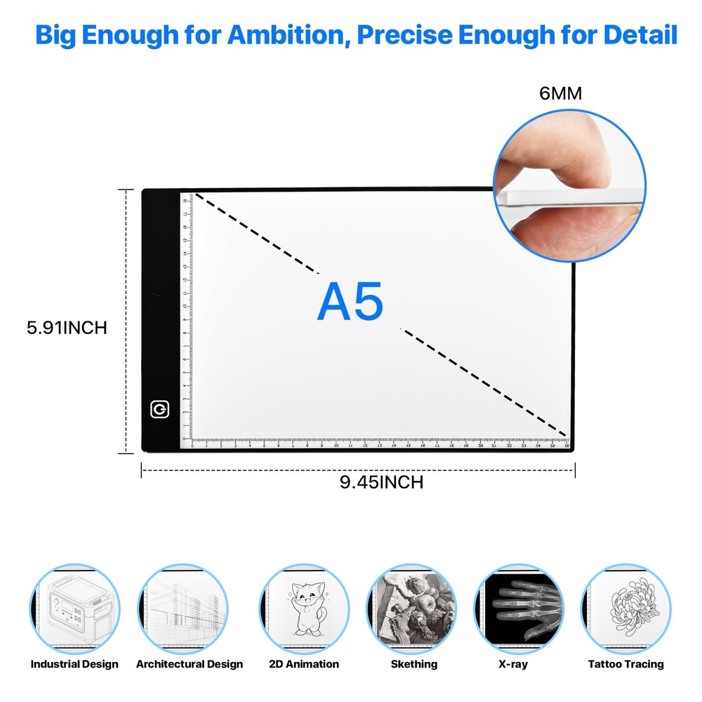 A5 LED Light Box for Tracing and Drawing - Ultra-Thin Adjustable Li