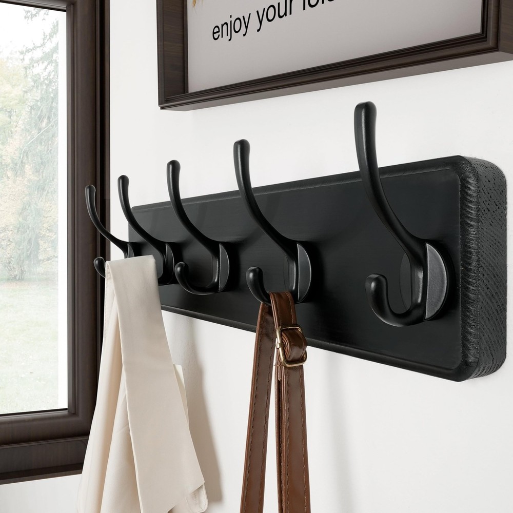 Rustic Wall Mounted Coat Rack Pine Solid Wood Coat Hook Hanger with 5 Hooks