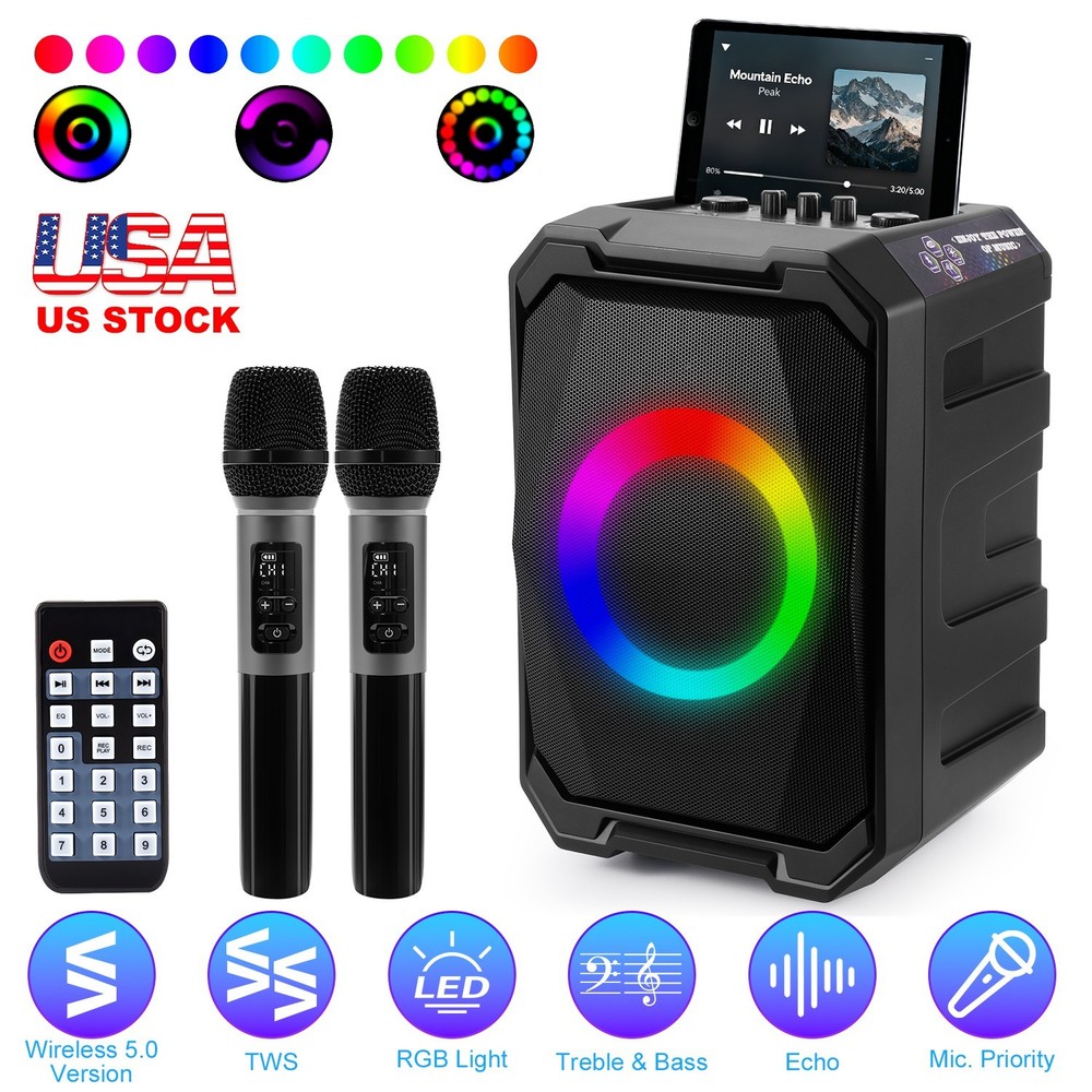Portable Wireless Party Speaker W/ LED Light &2 Wireless Mics Remote Control
