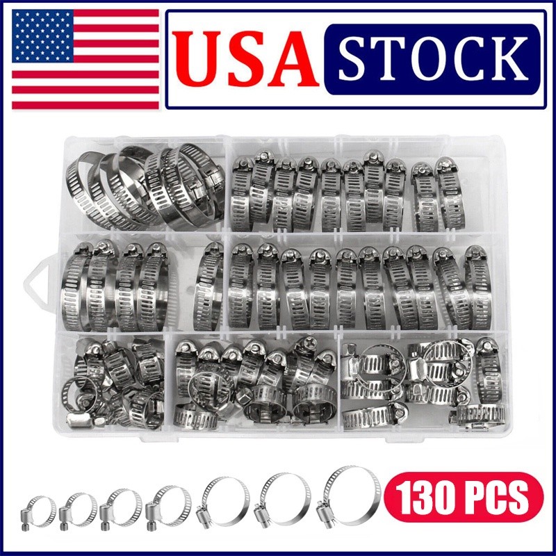 130pcs Adjustable Hose Clamps Worm Gear Stainless Steel Clamp Assortment 7 Sizes