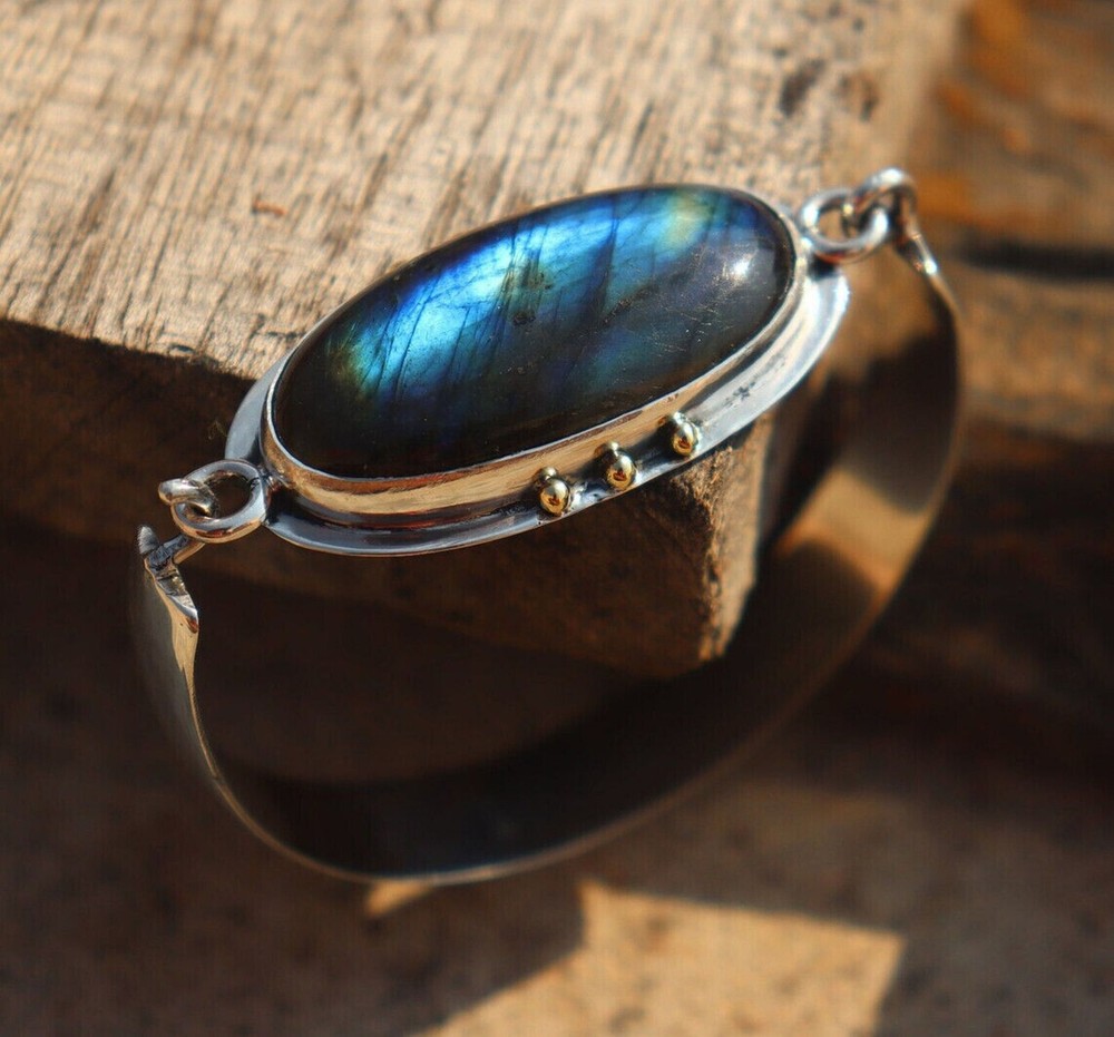 Labradorite Gemstone Beautiful 925 Sterling Silver Adjustable Round Bangle PG359