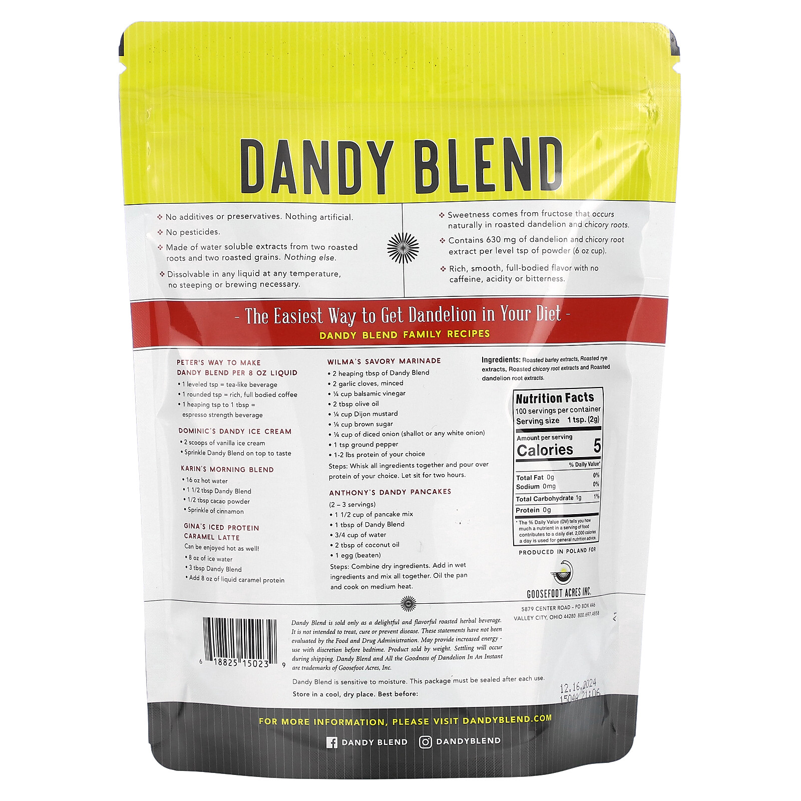 Dandy Blend, Instant Herbal Beverage with Dandelion, Caffeine Free, 7.05 oz