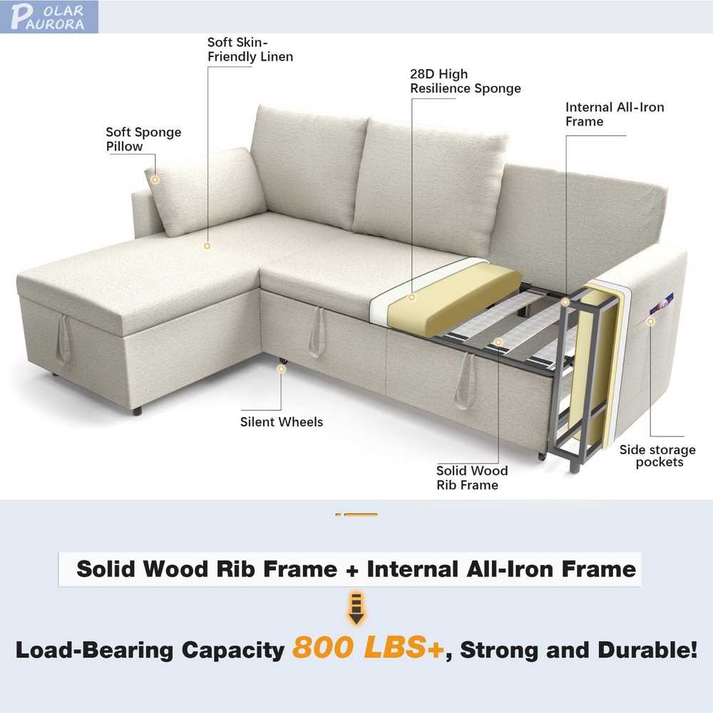 Linen Sleeper Sofa Bed,Pull OutCouch Bed with Storage Chaise