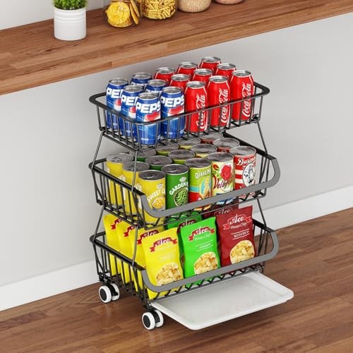 3-Tier Rolling Pantry Floor Organizer, Stackable Pantry 3 Tier Black (1 Pack）