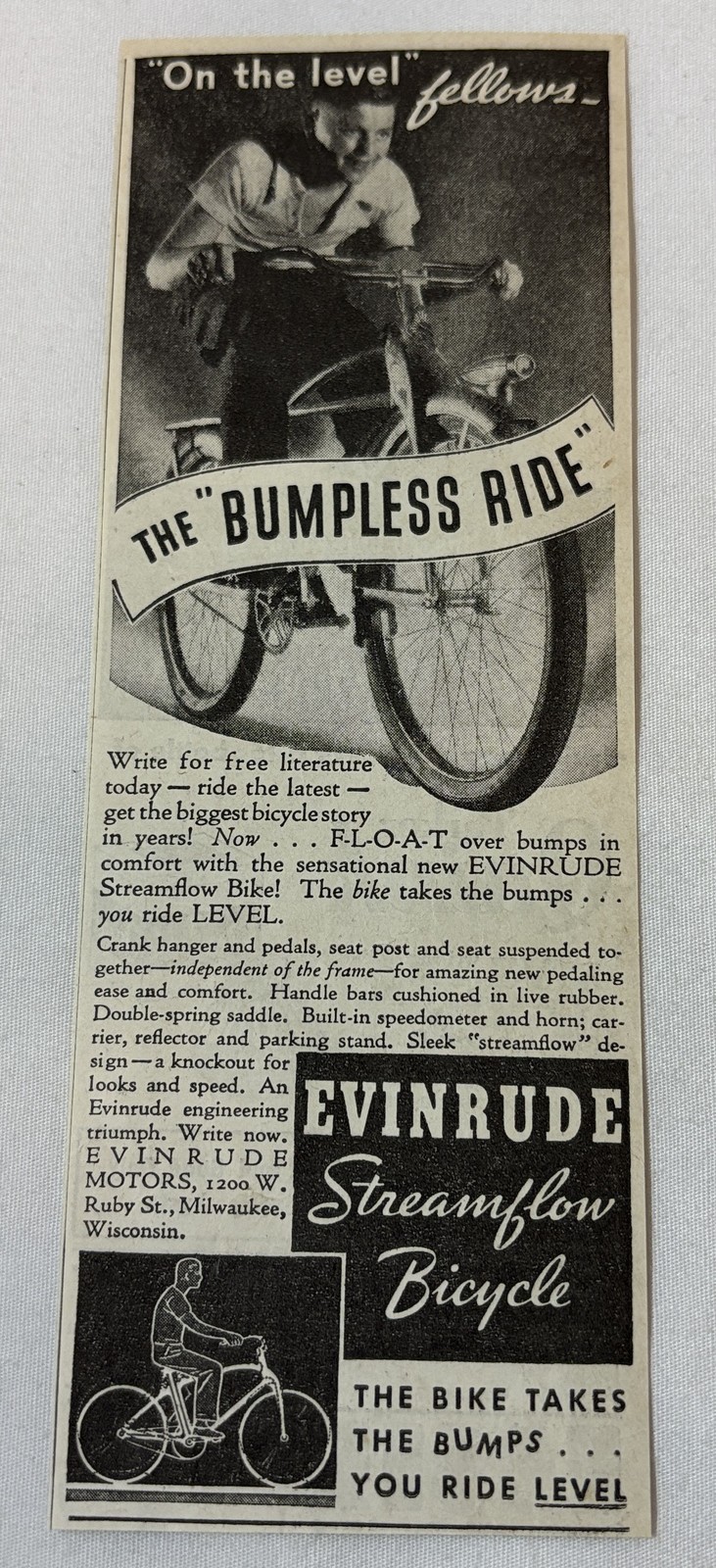 1937 EVINRUDE STREAMFLOW BICYCLE ad ~ Bumpless Ride