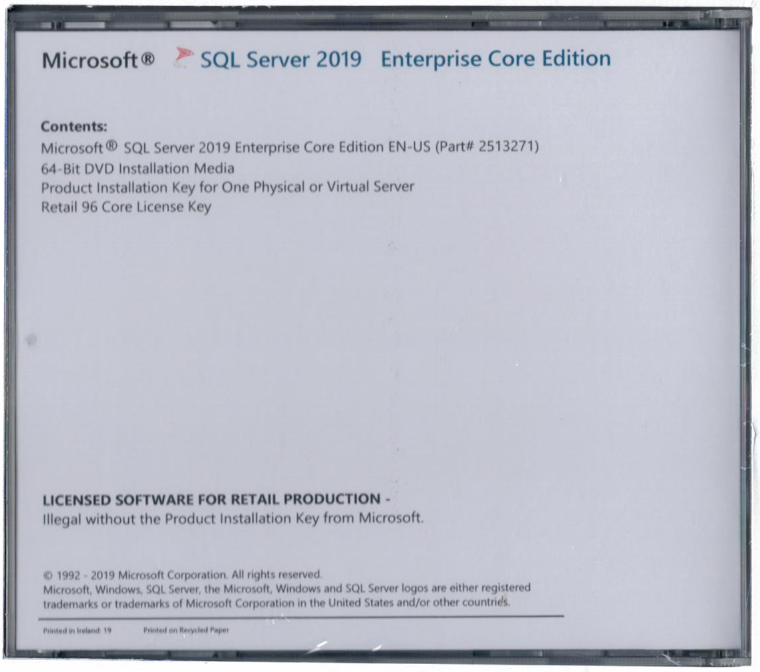 Microsoft SQL Server 2019 Enterprise with 96 Core License, unlimited User CALs