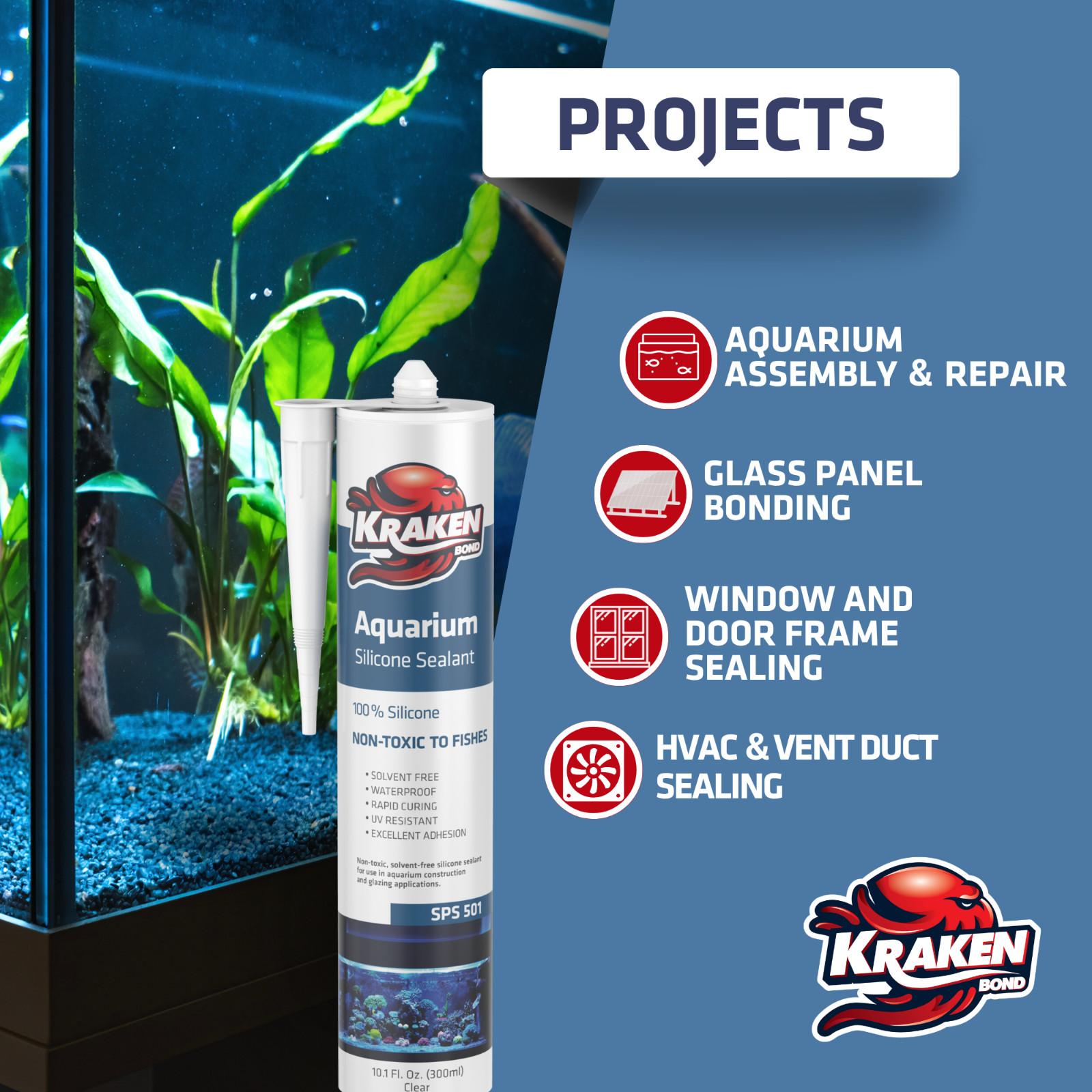 Kraken Bond Aquarium 100% Silicone Sealant, 10.1oz 2 Pack - Black