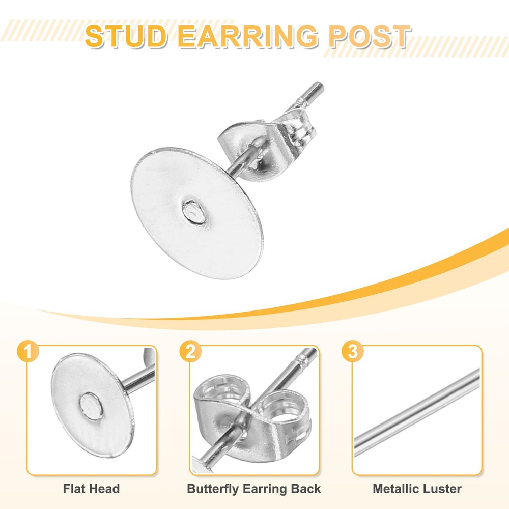 200Pcs Stud Earring Posts, 8mm Ear Pin with Butterfly Earring Backs, Silver
