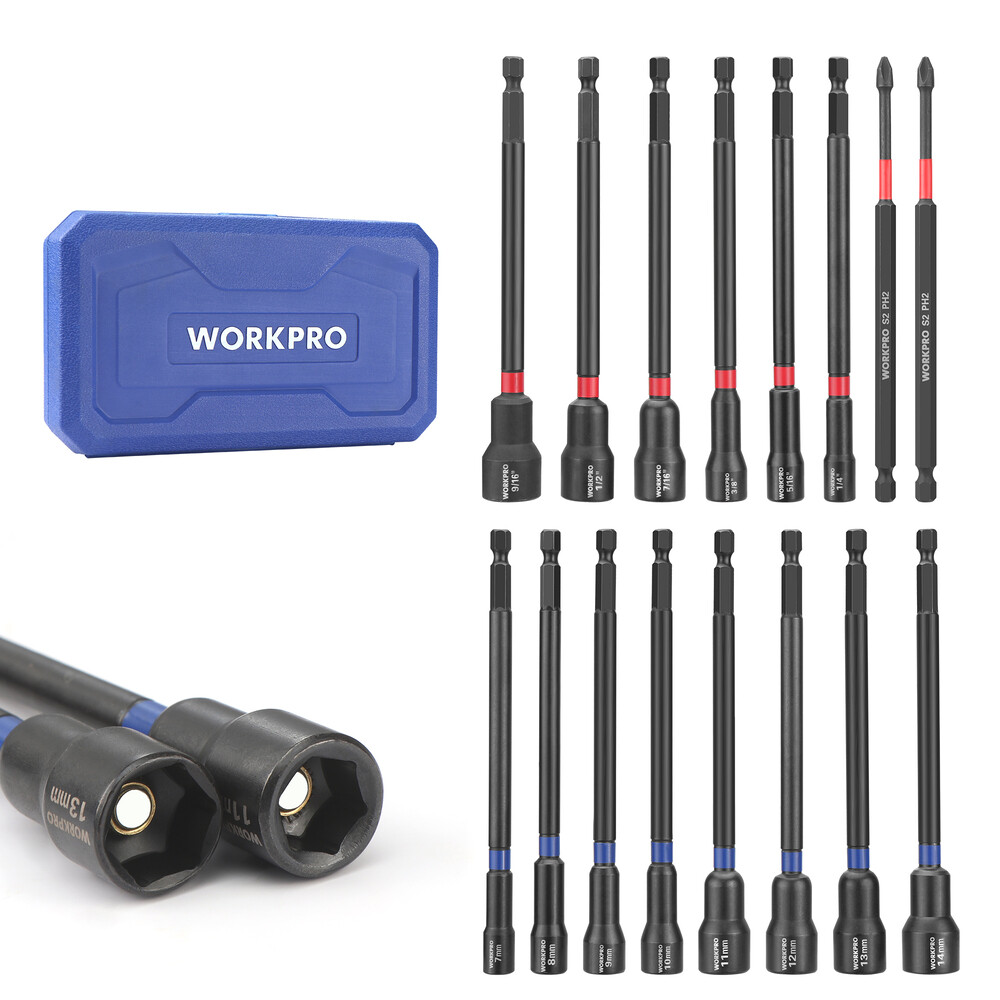 WORKPRO 16PC Magnetic Nut Driver Set Bit 6" Long Nut Driver Metric & SAE 1/4"Hex
