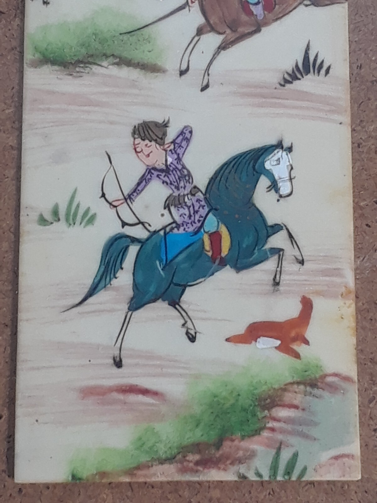 Chinese Scroll Warrior Horses Enamel and Wood Frame 19 3/8 x 5.5