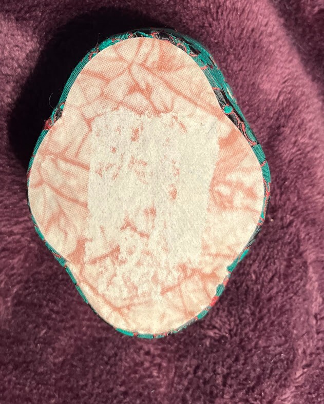 Tiny Box small green satin embroidered with emblem Bake Lite? Celluloid?