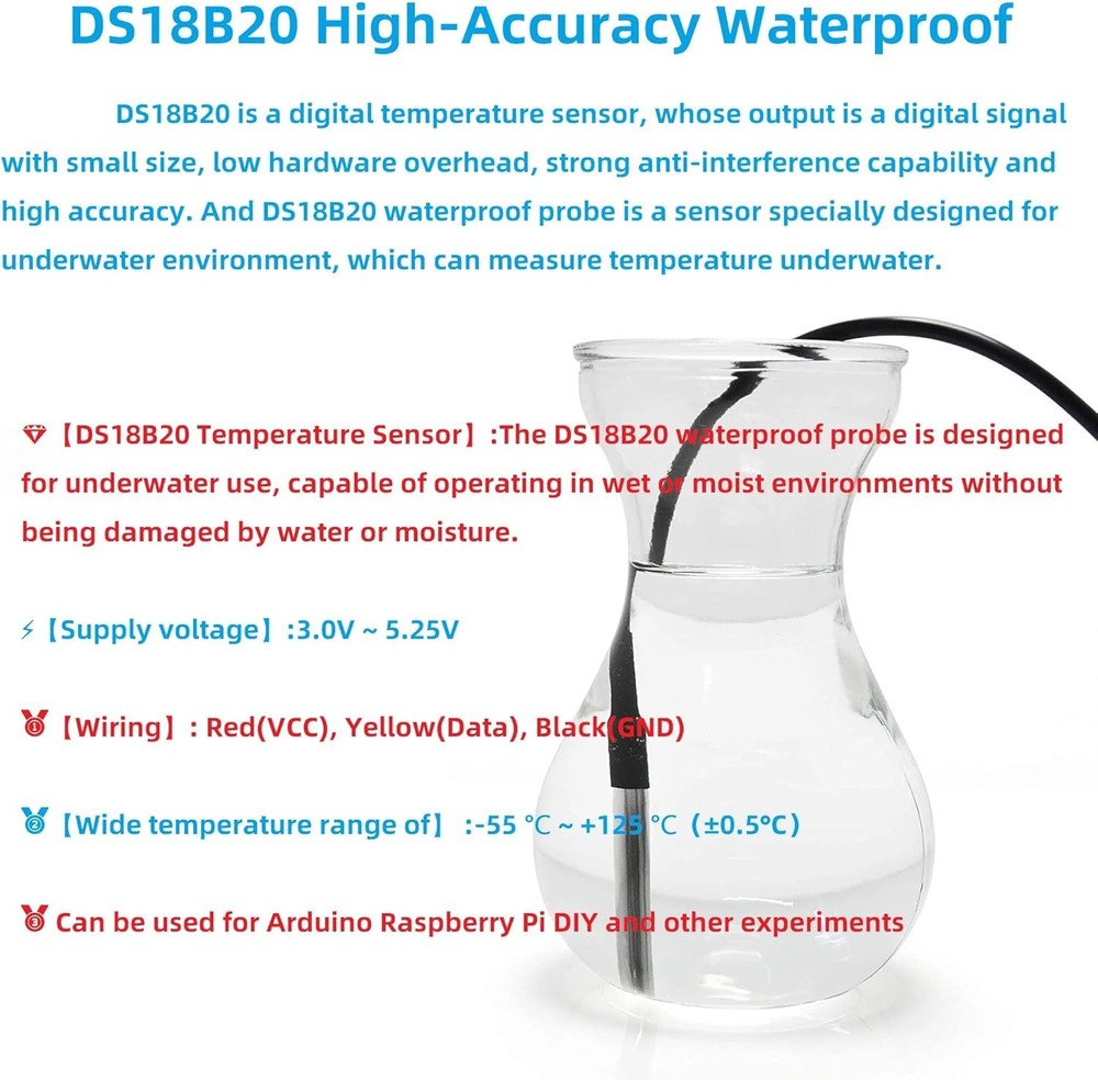 WWZMDiB 5 Pcs DS18B20 Temperature Sensor Probe High-Accuracy Waterproof...
