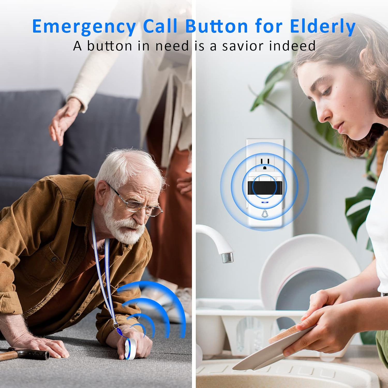 Caregiver Pager, Wireless Call Button for Seniors/Elderly at Home, 2 SOS Button