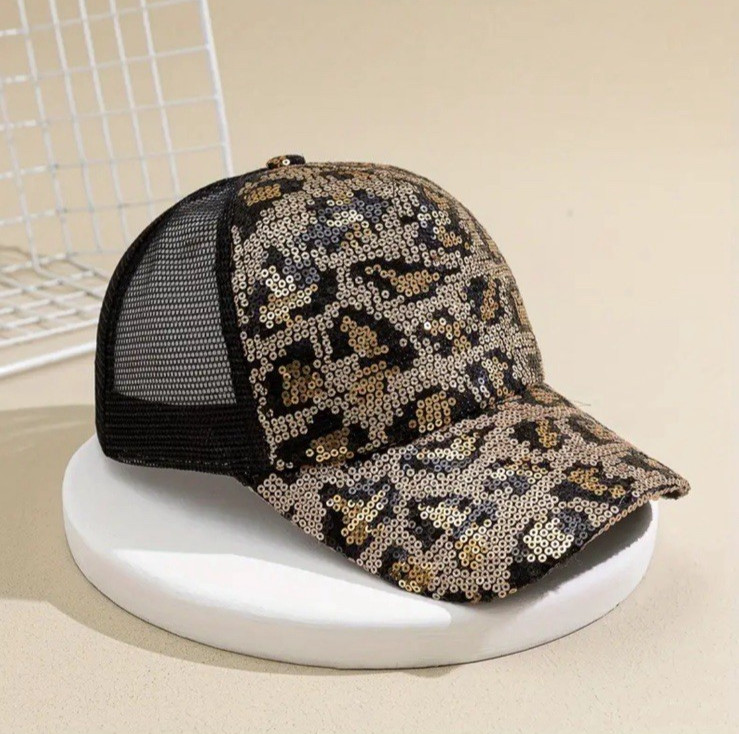 Baseball Cap Leopard Print Cap Hat Mesh, Sequins & Adjustable Back US Seller