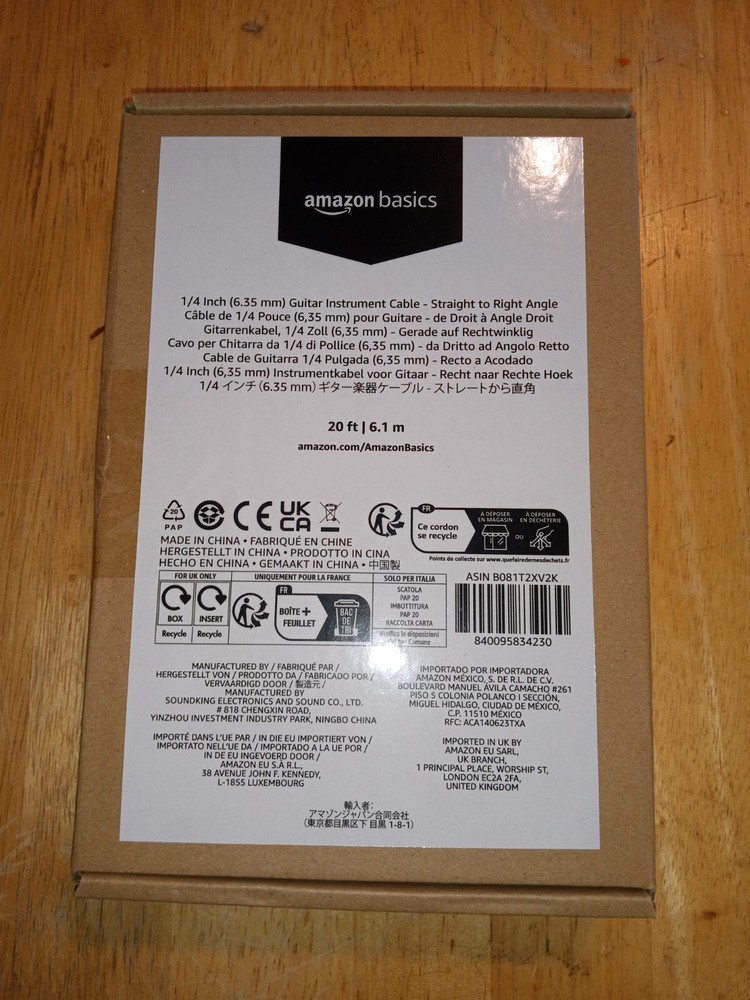 Amazon Basics 1/4 Inch Right-Angle Instrument Cable - 20 Foot (Black)
