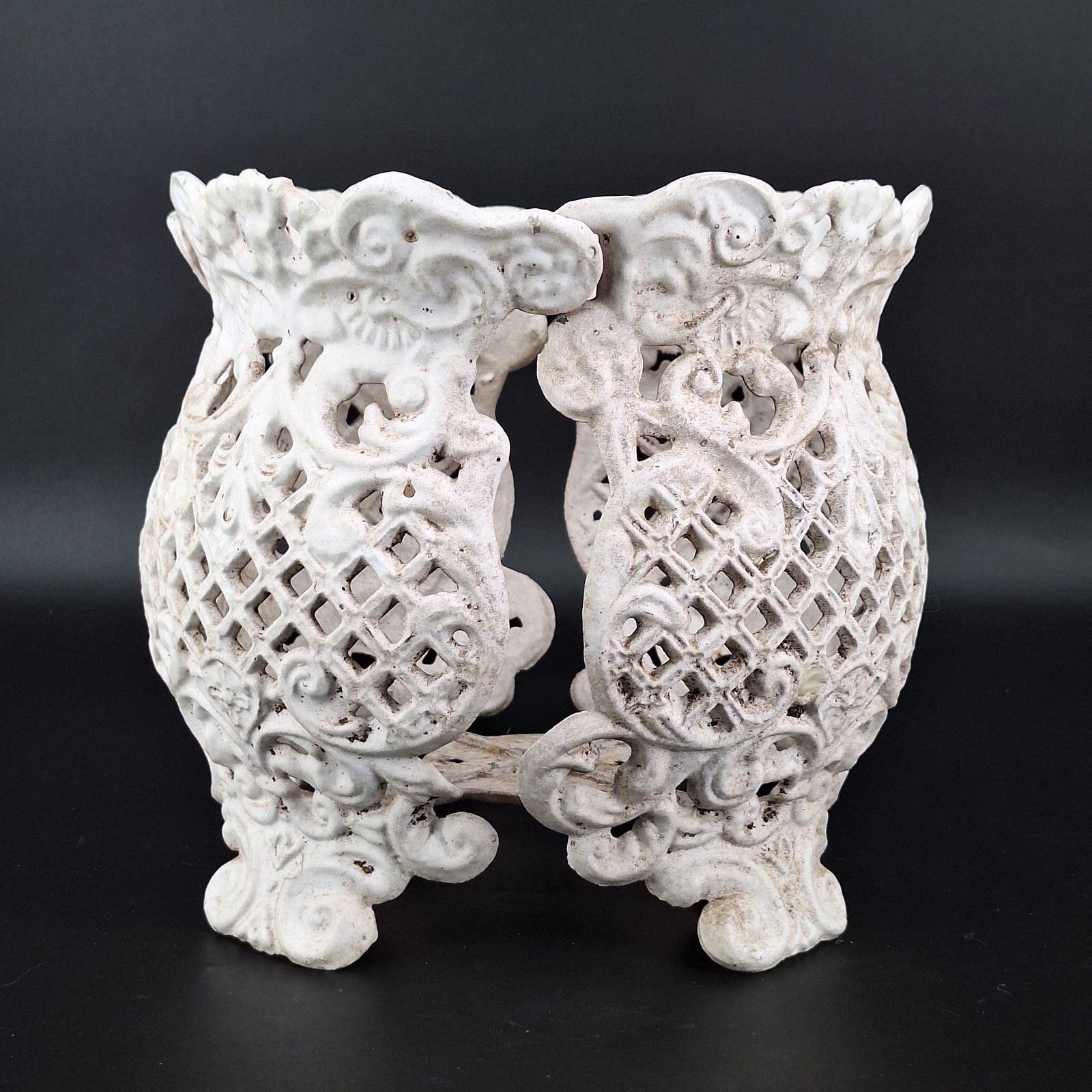 Antique Cast Iron Planter Holder Ornate Lattice White Garden Decor