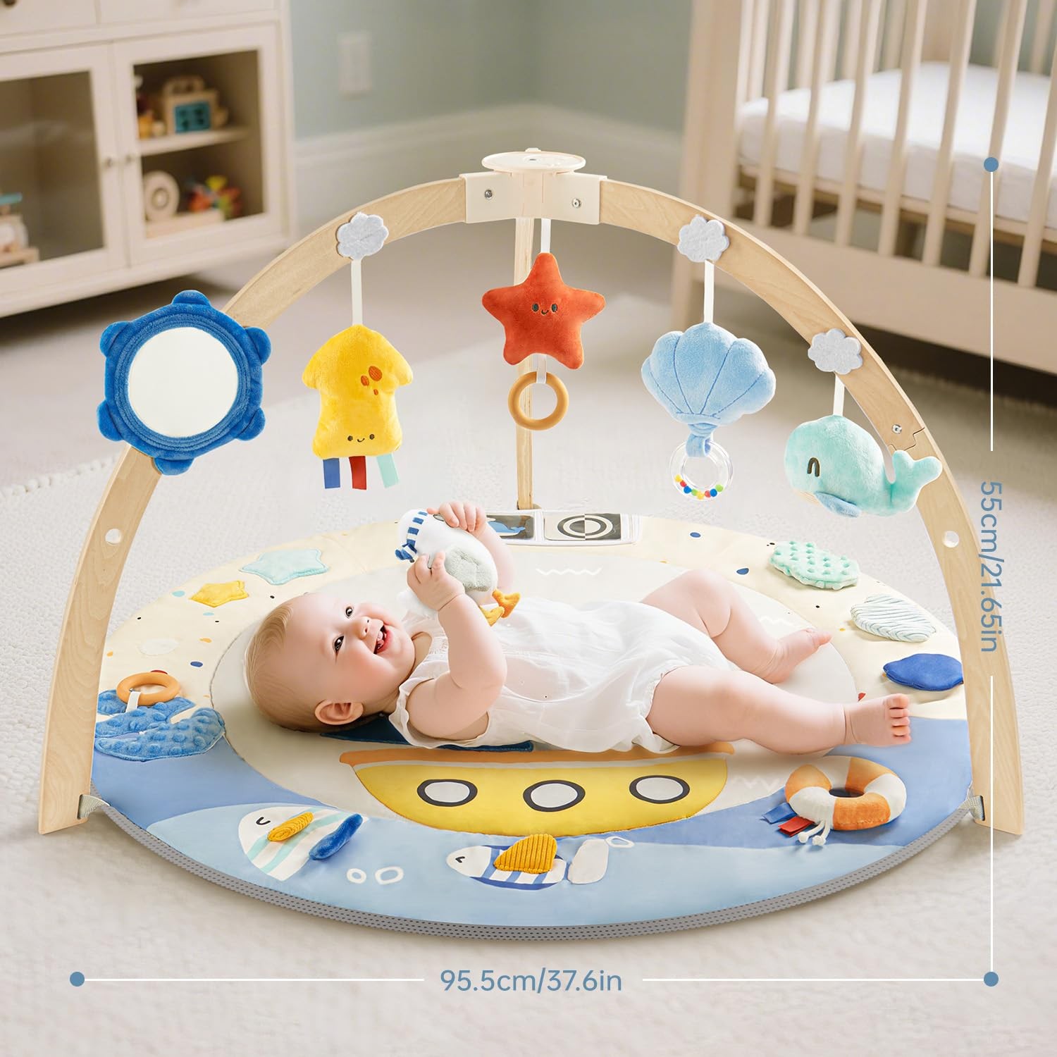 Baby Play Gym Activity Mat, 5 Developmental Zones Wooden Tummy Time Mat with ...