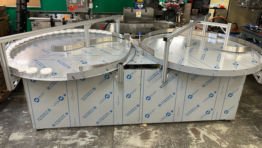 Dual 60" Stainless Rotary Accumulation Buffer Table Packaging Conveyor Labeling